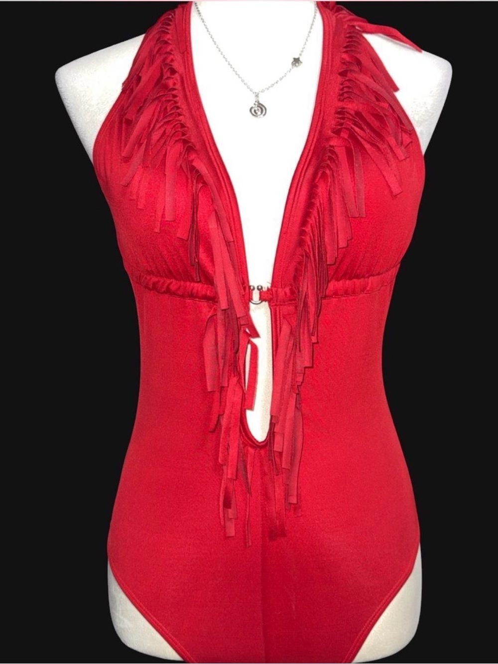 Fringe Halter One-Piece Swimsuit in Red
